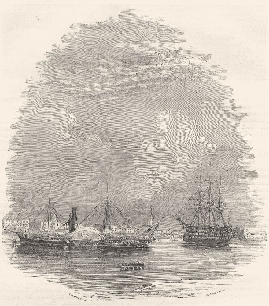 SHIPS. Victoria and Albert Steamer in front of Dockyard 1850 old antique print